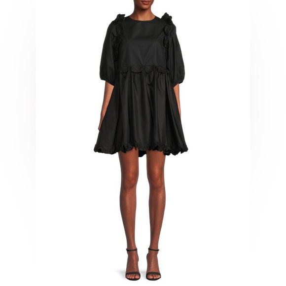 En Saison Black Poplin Scalloped Ruffle Tie Babydoll Mini Dress Small - Picture 10 of 11